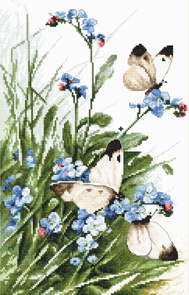 Borduurblad productfoto BORDUURPAKKET LETI STITCH ‘Butterflies and bluebird flowers’