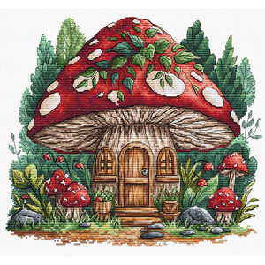 Borduurblad productfoto Borduurpakket AVA Stitch – Mushroom Cabin