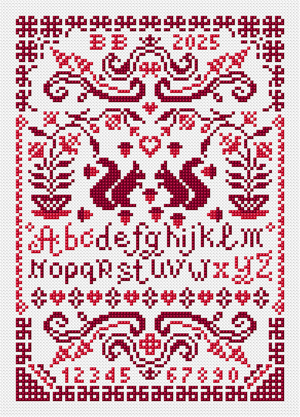 Borduurblad productfoto Digitaal patroon Merklap Eekhoorn - Loes de Kleuver