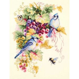 Borduurblad productfoto Borduurpakket Magic Needle – Blue Jay and Grapes